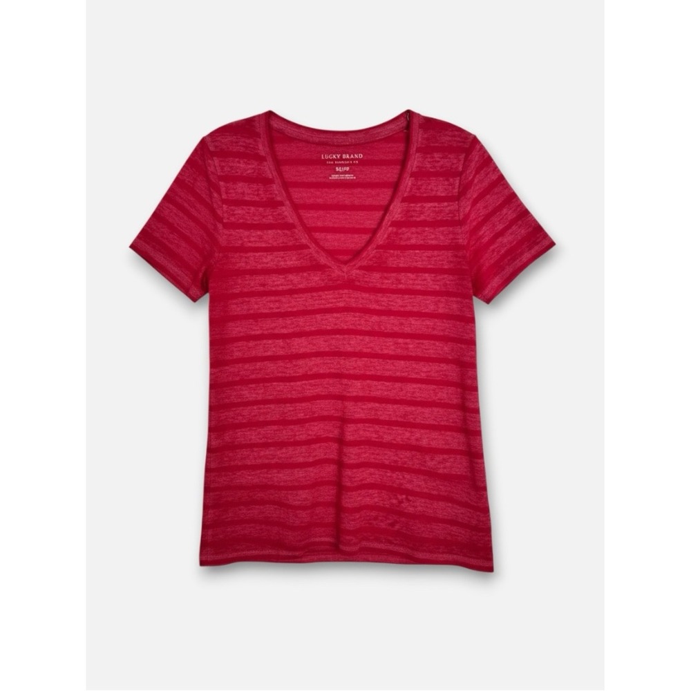 Lucky Brand Fuchsia Tonal Stripe V Neck Tee XS Lightweight Semi Sheer